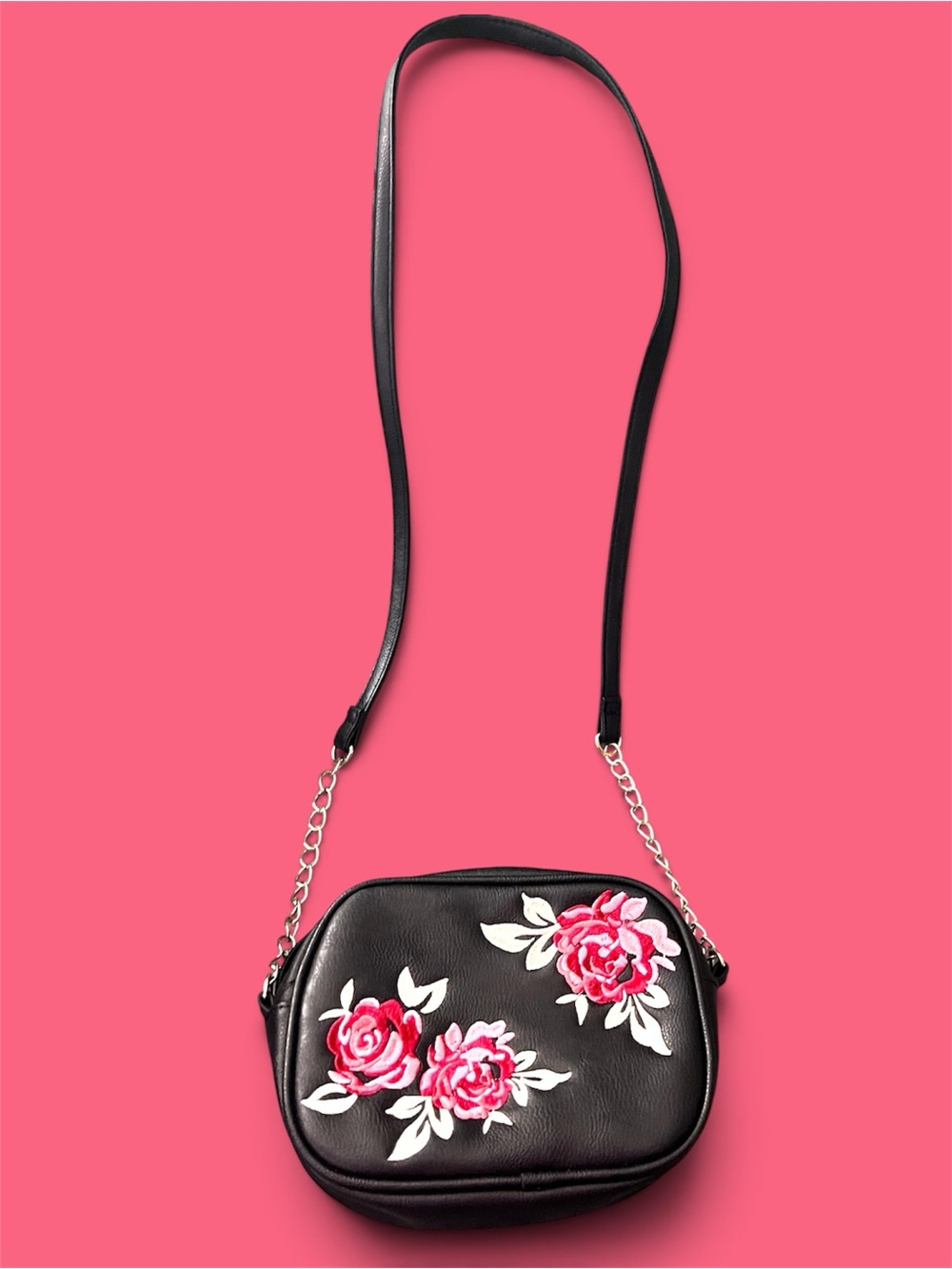 Black Floral Embroidered Crossbody Bag with Pink Roses